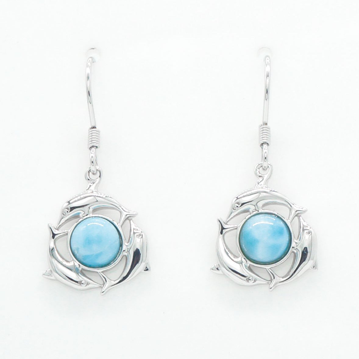 Hawaiian Dolphin Larimar Stone Dangle Earrings - 925 Sterling Silver