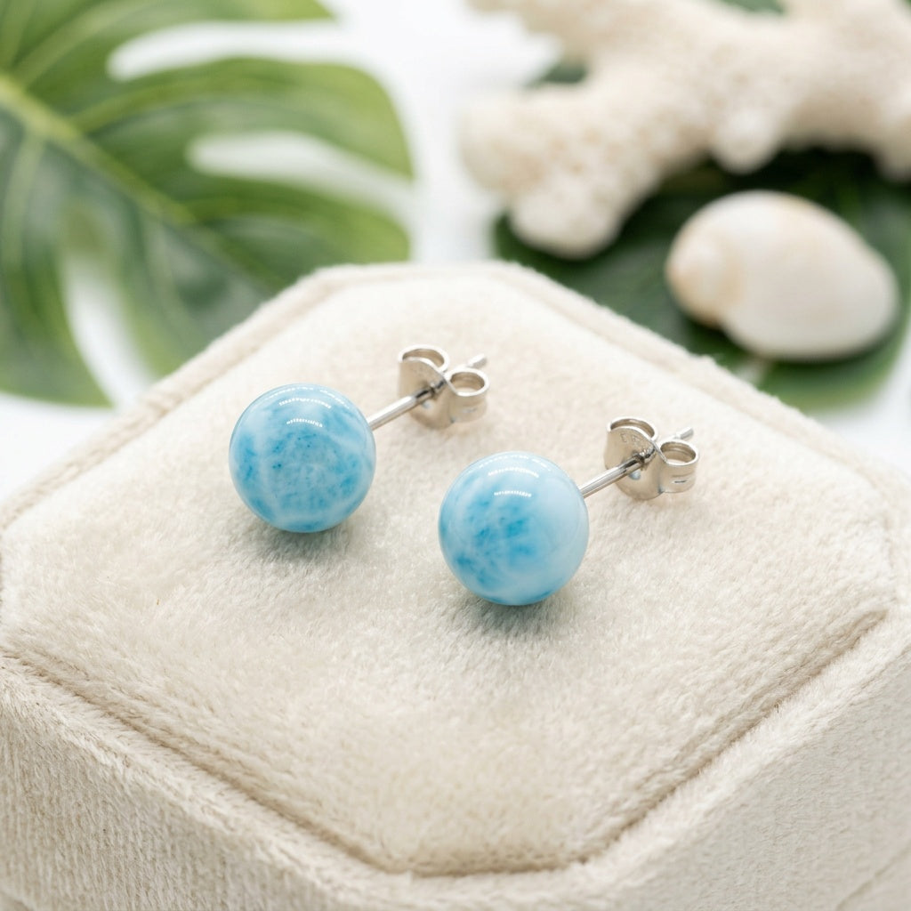 Round Sphere Ball Larimar Stone Stud Earrings - 925 Sterling Silver