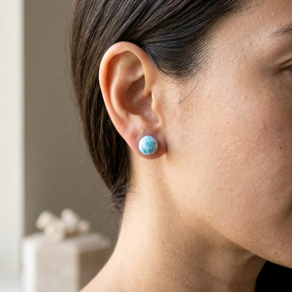 Round Sphere Ball Larimar Stone Stud Earrings - 925 Sterling Silver