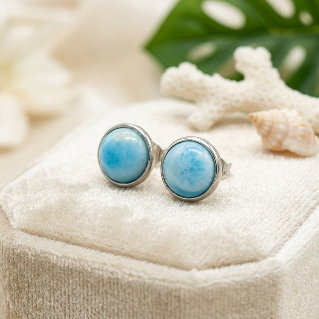 Round Bezel Ball Larimar Stone Round Stud Earrings - 925 Sterling Silver