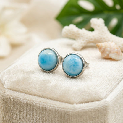 Round Bezel Ball Larimar Stone Round Stud Earrings - 925 Sterling Silver