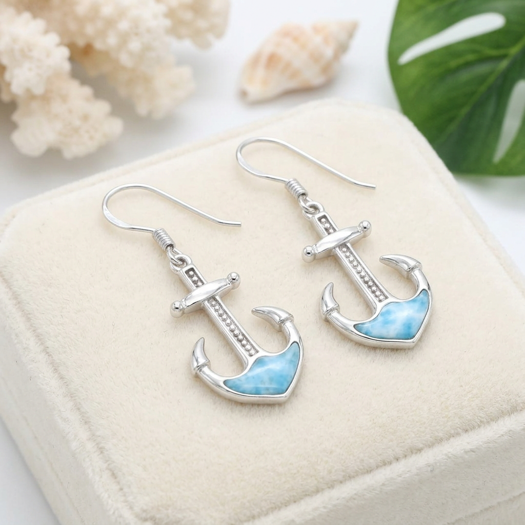 Hawaiian Nautical Anchor Larimar Stone Dangle Earrings - 925 Sterling Silver