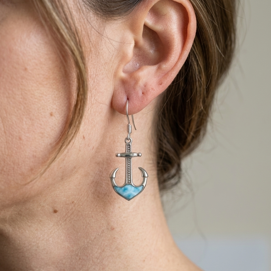 Hawaiian Nautical Anchor Larimar Stone Dangle Earrings - 925 Sterling Silver