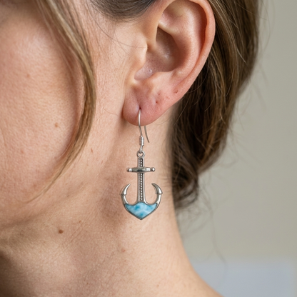 Hawaiian Nautical Anchor Larimar Stone Dangle Earrings - 925 Sterling Silver