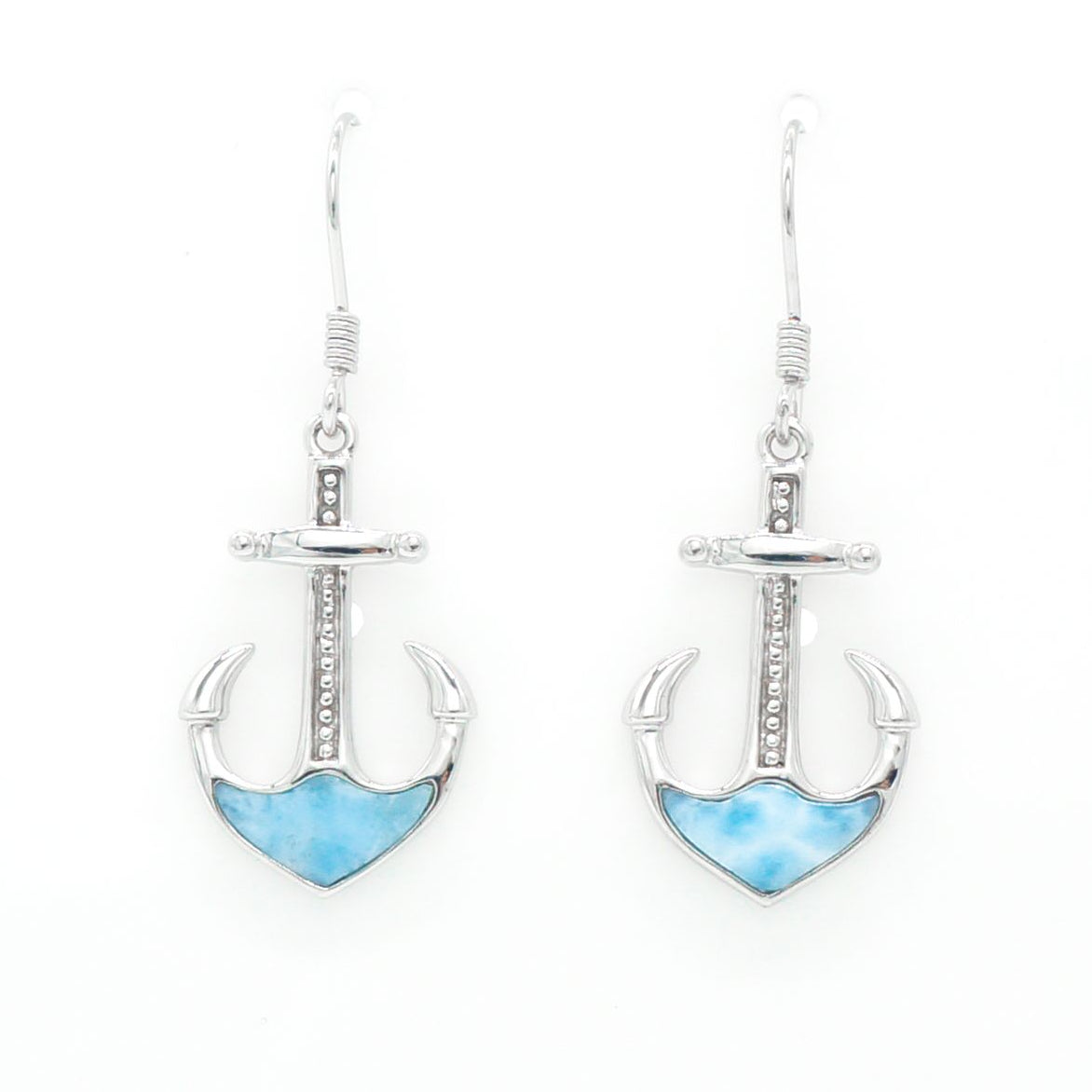 Hawaiian Nautical Anchor Larimar Stone Dangle Earrings - 925 Sterling Silver