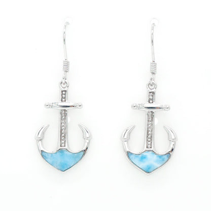 Hawaiian Nautical Anchor Larimar Stone Dangle Earrings - 925 Sterling Silver