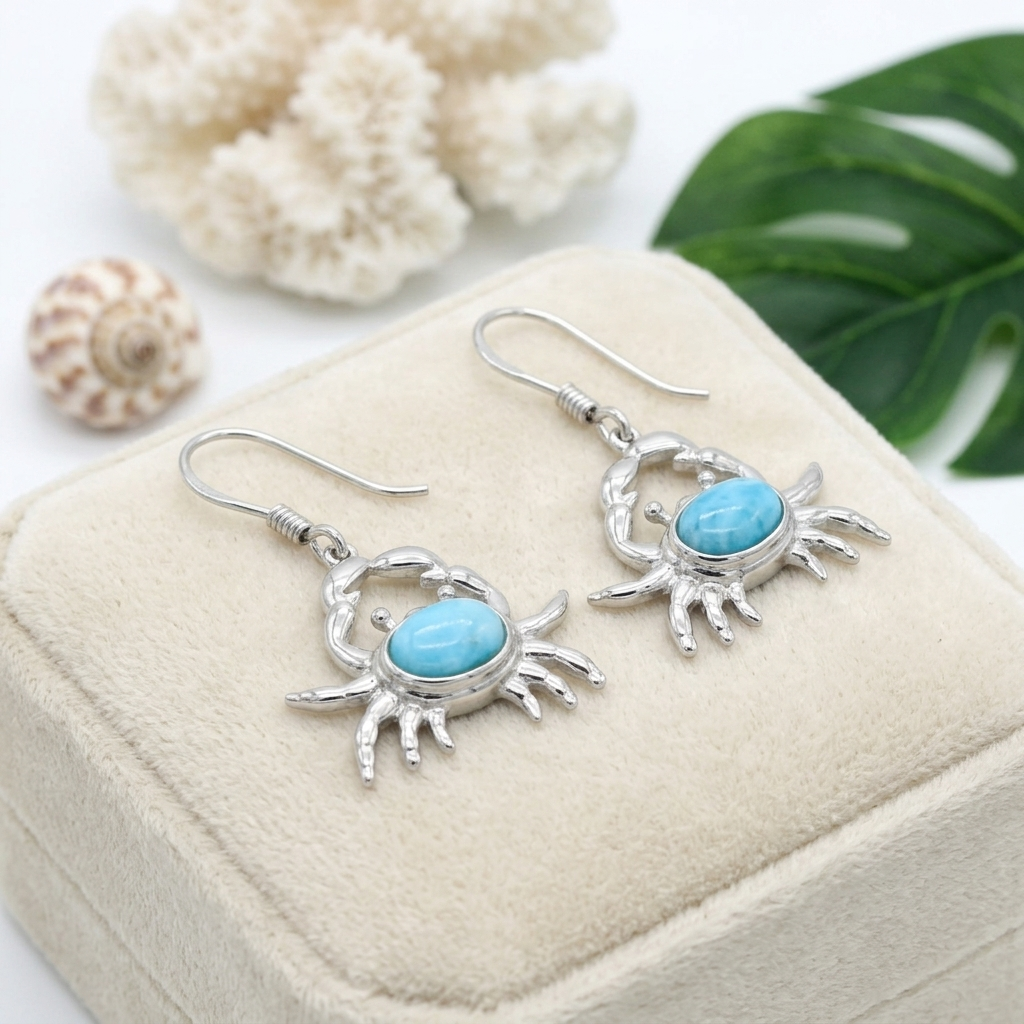 Hawaiian Ocean Crab Larimar Stone Dangle Earrings - 925 Sterling Silver