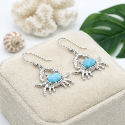 Hawaiian Ocean Crab Larimar Stone Dangle Earrings - 925 Sterling Silver