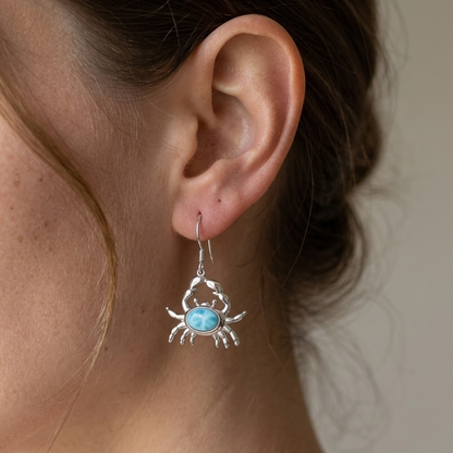 Hawaiian Ocean Crab Larimar Stone Dangle Earrings - 925 Sterling Silver