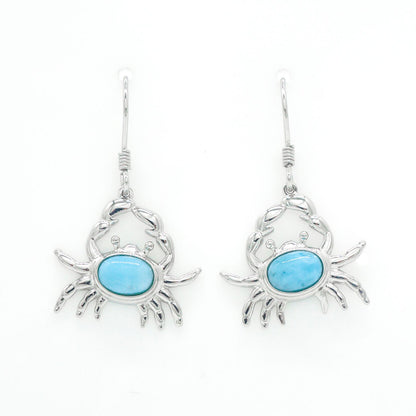 Hawaiian Ocean Crab Larimar Stone Dangle Earrings - 925 Sterling Silver