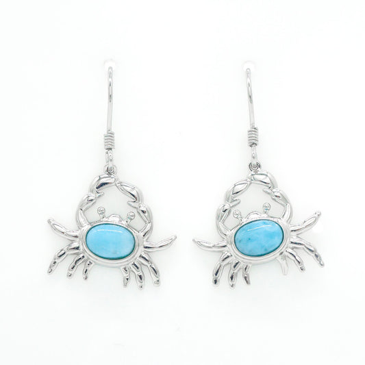 Hawaiian Ocean Crab Larimar Stone Dangle Earrings - 925 Sterling Silver