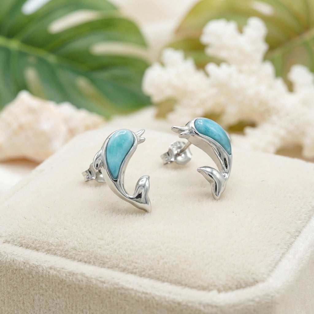 Hawaiian Dolphin Larimar Stone Stud Earrings - 925 Sterling Silver