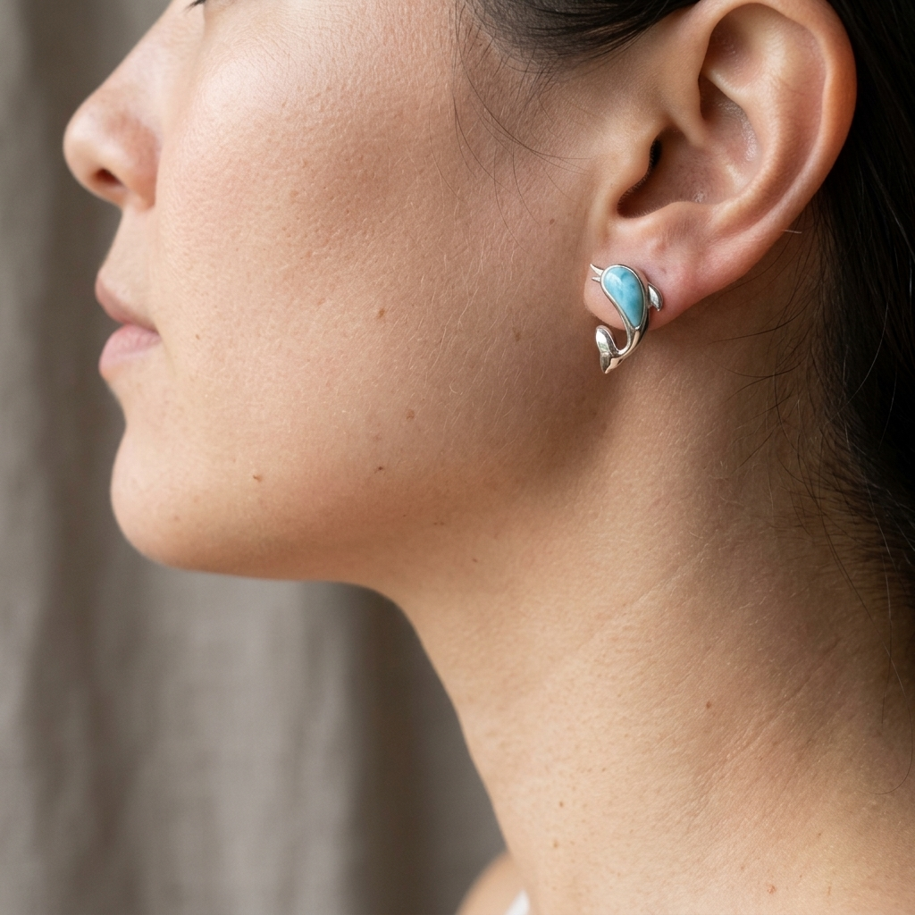 Hawaiian Dolphin Larimar Stone Stud Earrings - 925 Sterling Silver