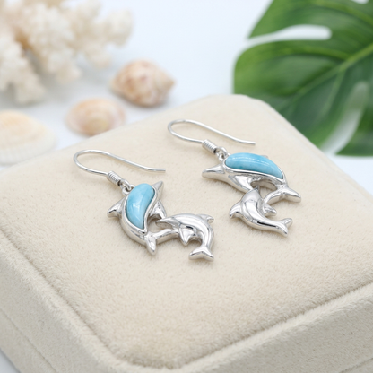 Hawaiian Double Dolphin Larimar Stone Dangle Earrings - 925 Sterling Silver