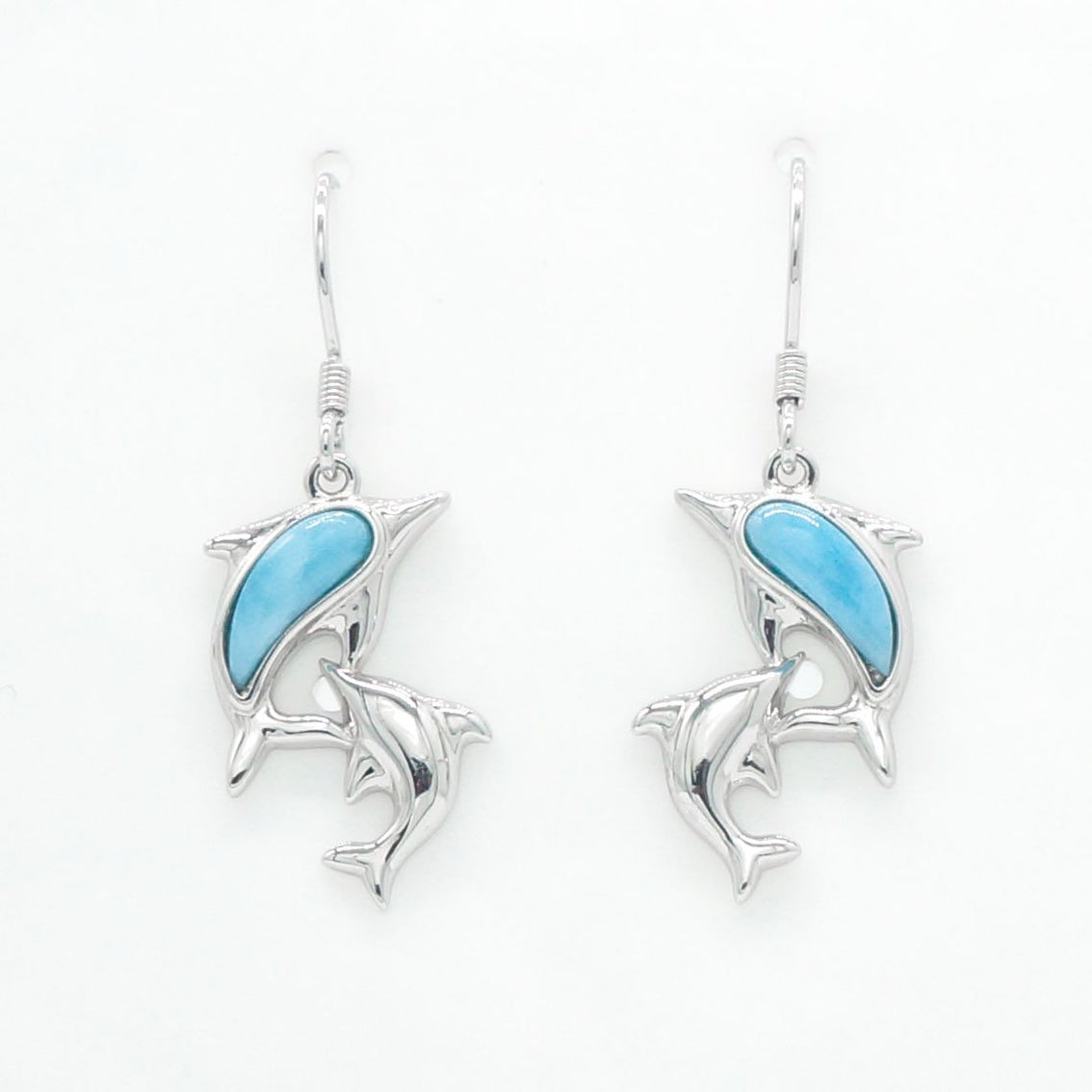 Hawaiian Double Dolphin Larimar Stone Dangle Earrings - 925 Sterling Silver