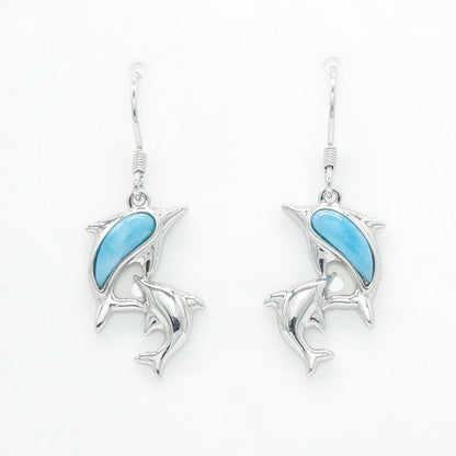 Hawaiian Double Dolphin Larimar Stone Dangle Earrings - 925 Sterling Silver