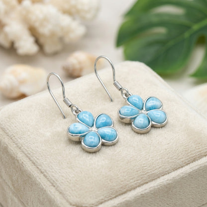Plumeria Flower Larimar Stone Dangle Hook Earrings - 925 Sterling Silver