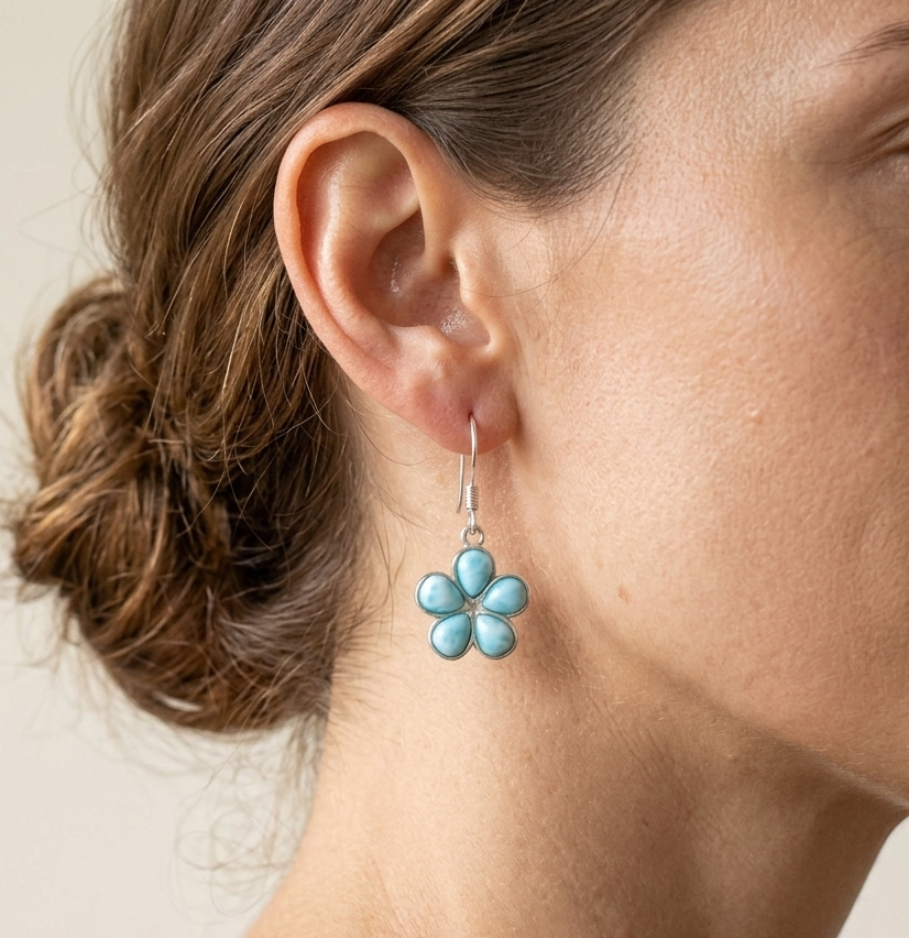 Hawaiian Plumeria Flower Larimar Stone Dangle Earrings - 925 Sterling Silver