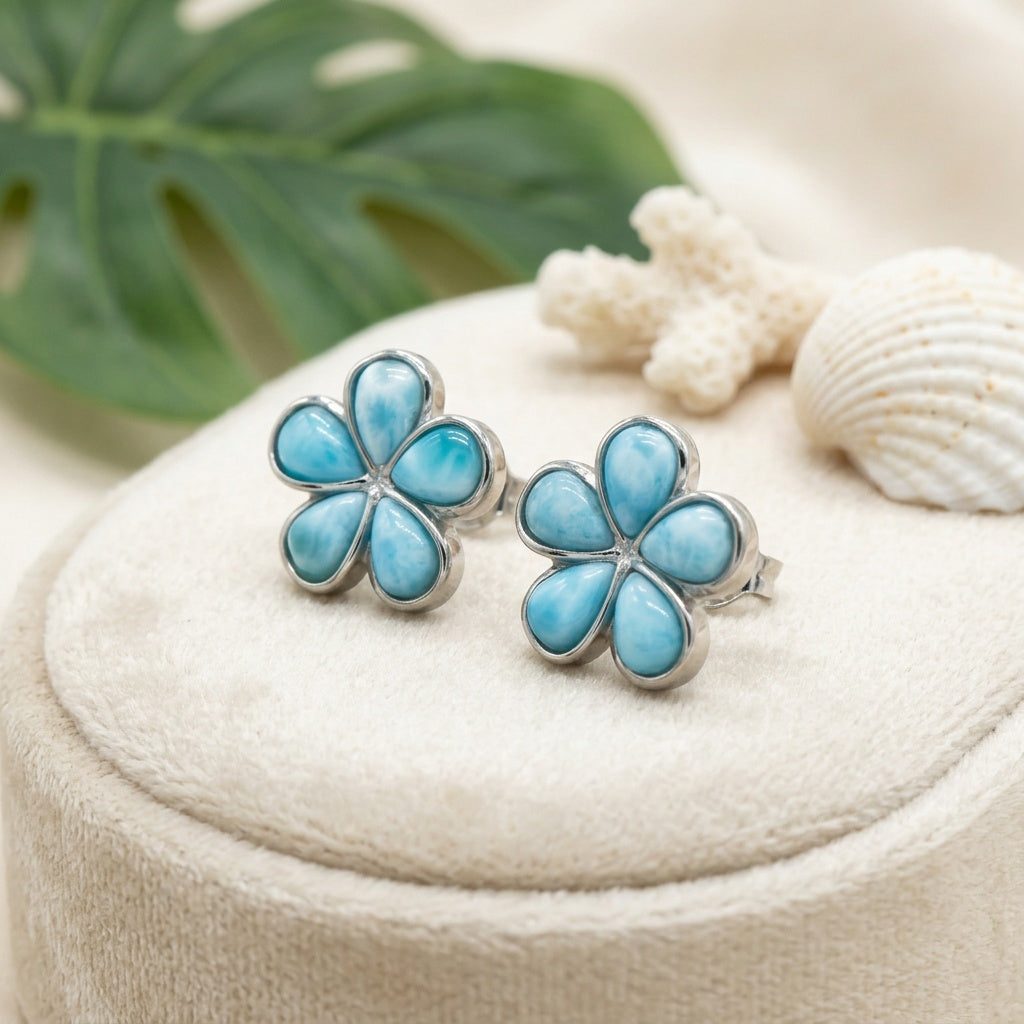 Plumeria Flower Larimar Stone Stud Earrings - 925 Sterling Silver (12mm)