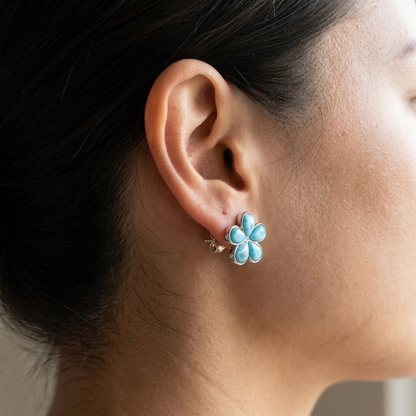 Plumeria Flower Larimar Stone Stud Earrings - 925 Sterling Silver (12mm)