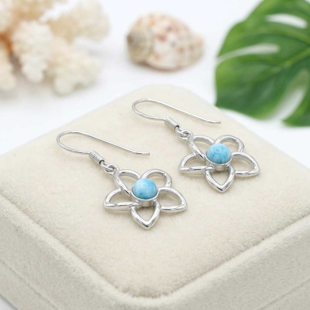 Hawaiian Cutout Plumeria Flower Larimar Stone Dangle Earrings - 925 Sterling Silver