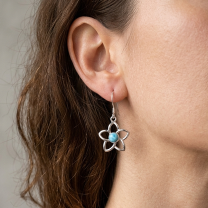 Hawaiian Cutout Plumeria Flower Larimar Stone Dangle Earrings - 925 Sterling Silver