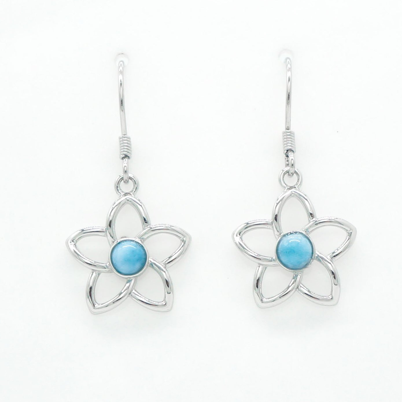 Hawaiian Cutout Plumeria Flower Larimar Stone Dangle Earrings - 925 Sterling Silver
