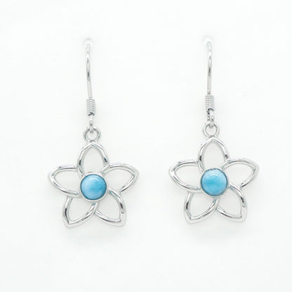 Hawaiian Cutout Plumeria Flower Larimar Stone Dangle Earrings - 925 Sterling Silver