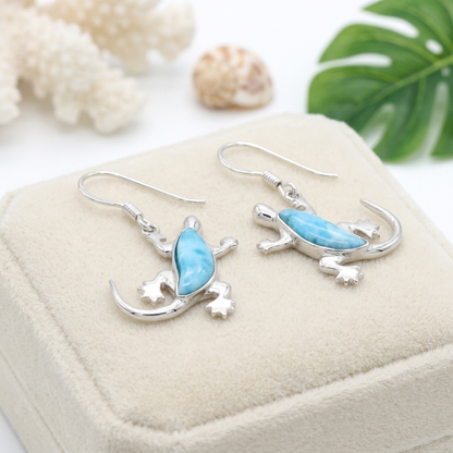 Hawaiian Gecko Lizard Larimar Stone Dangle Earrings - 925 Sterling Silver