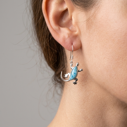 Hawaiian Gecko Lizard Larimar Stone Dangle Earrings - 925 Sterling Silver