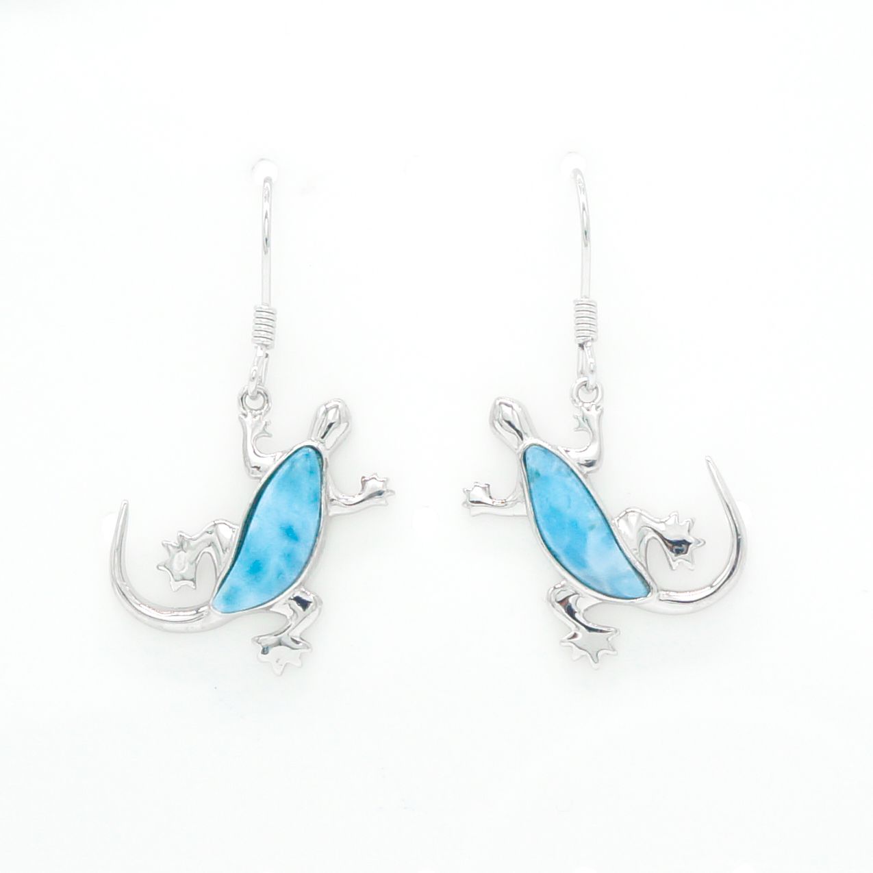 Hawaiian Gecko Lizard Larimar Stone Dangle Earrings - 925 Sterling Silver