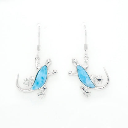 Hawaiian Gecko Lizard Larimar Stone Dangle Earrings - 925 Sterling Silver