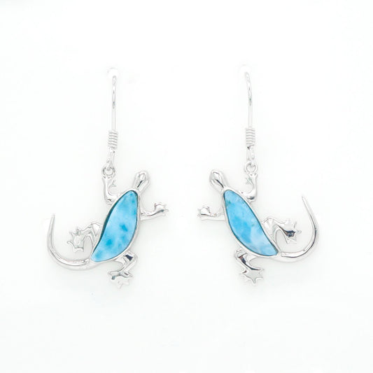 Hawaiian Gecko Lizard Larimar Stone Dangle Earrings - 925 Sterling Silver