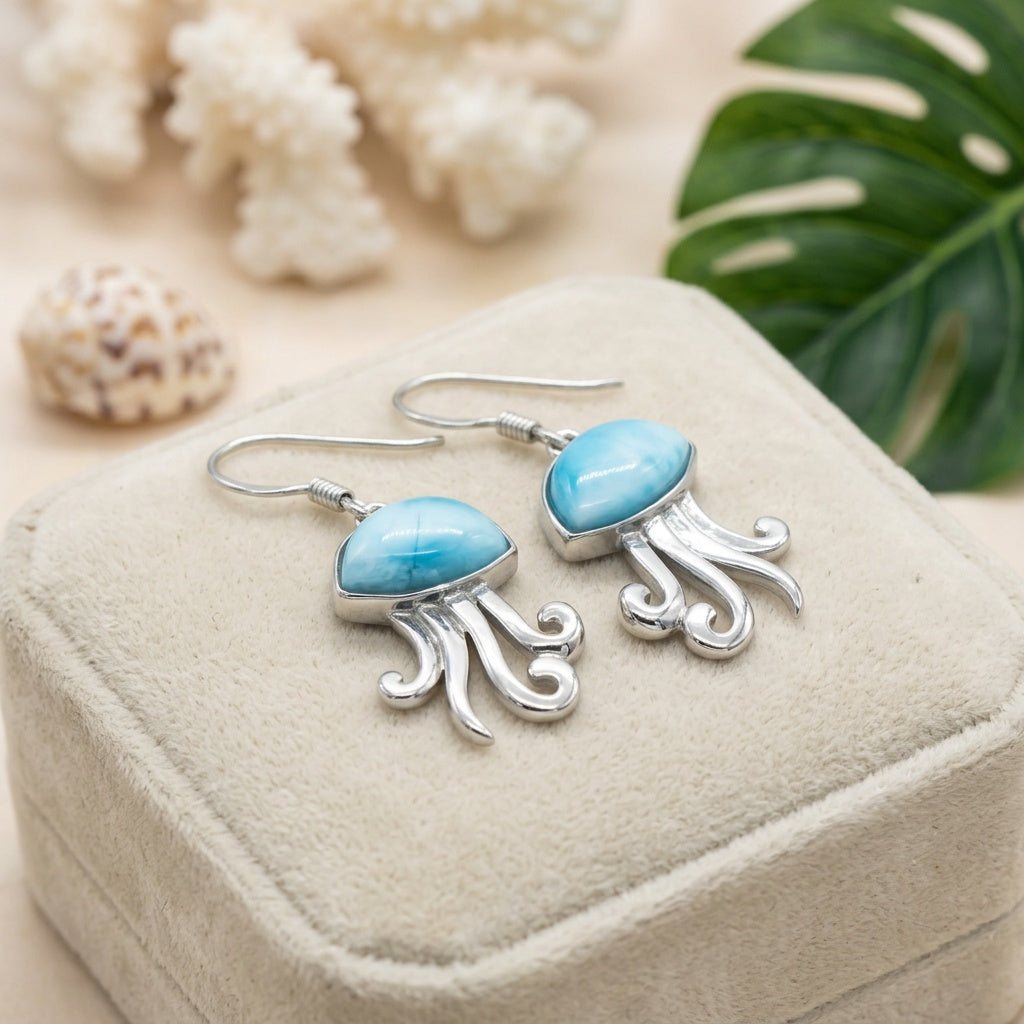 Hawaiian Jellyfish Larimar Stone Dangle Hook Earrings - 925 Sterling Silver
