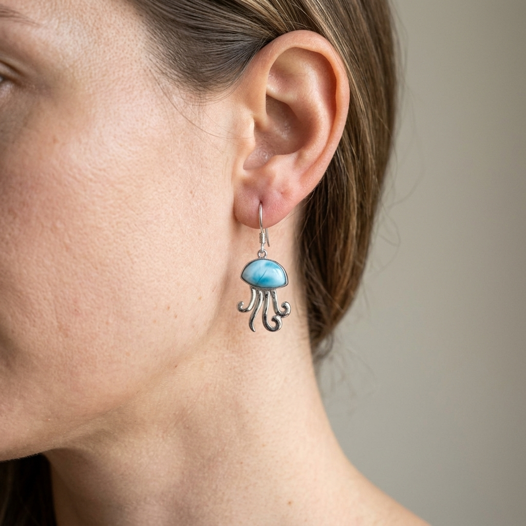 Hawaiian Jellyfish Larimar Stone Dangle Hook Earrings - 925 Sterling Silver