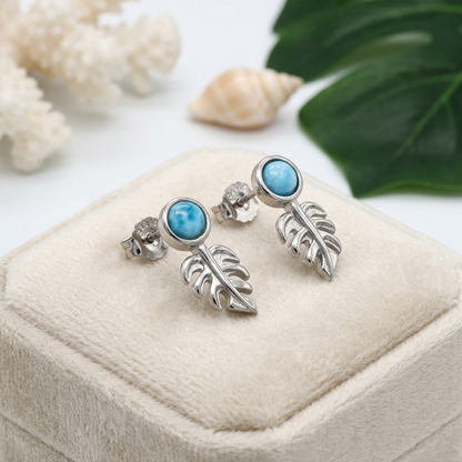 Hawaiian Monstera Leaf Larimar Stone Stud Earrings - 925 Sterling Silver