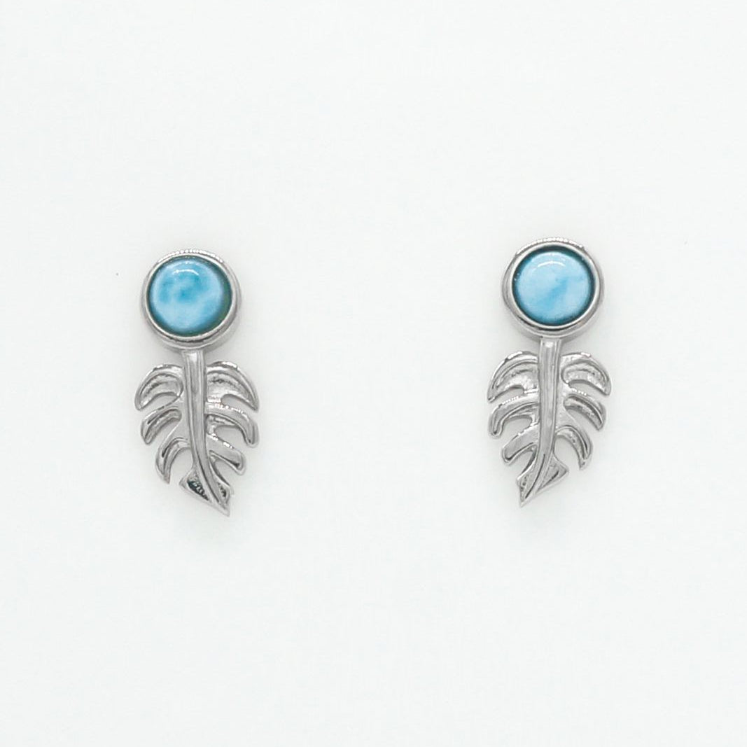 Hawaiian Monstera Leaf Larimar Stone Stud Earrings - 925 Sterling Silver