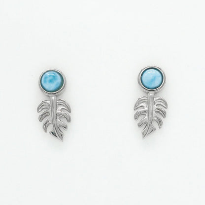 Hawaiian Monstera Leaf Larimar Stone Stud Earrings - 925 Sterling Silver