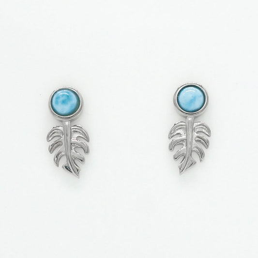 Hawaiian Monstera Leaf Larimar Stone Stud Earrings - 925 Sterling Silver