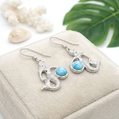 Hawaiian Ocean Mermaid Larimar Stone Dangle Earrings - 925 Sterling Silver