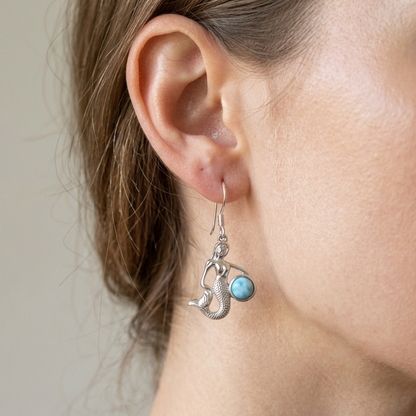 Hawaiian Ocean Mermaid Larimar Stone Dangle Earrings - 925 Sterling Silver