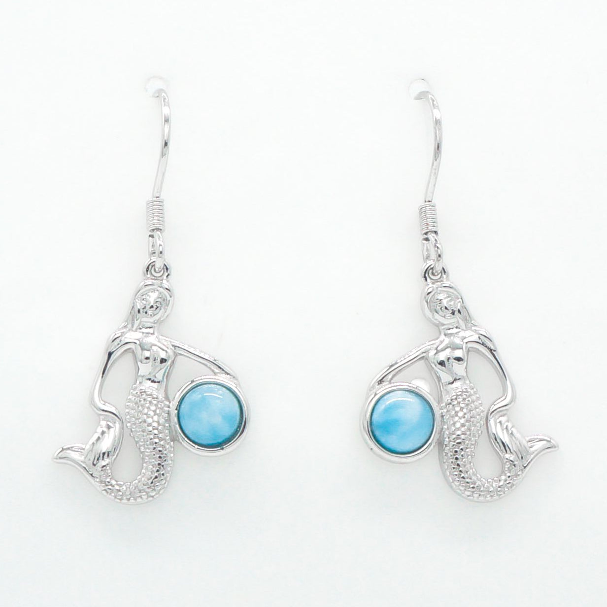 Hawaiian Ocean Mermaid Larimar Stone Dangle Earrings - 925 Sterling Silver