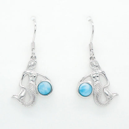 Hawaiian Ocean Mermaid Larimar Stone Dangle Earrings - 925 Sterling Silver