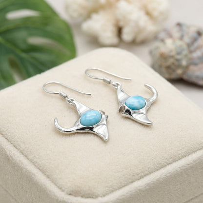 Hawaiian Manta Ray Larimar Stone Dangle Hook Earrings - 925 Sterling Silver