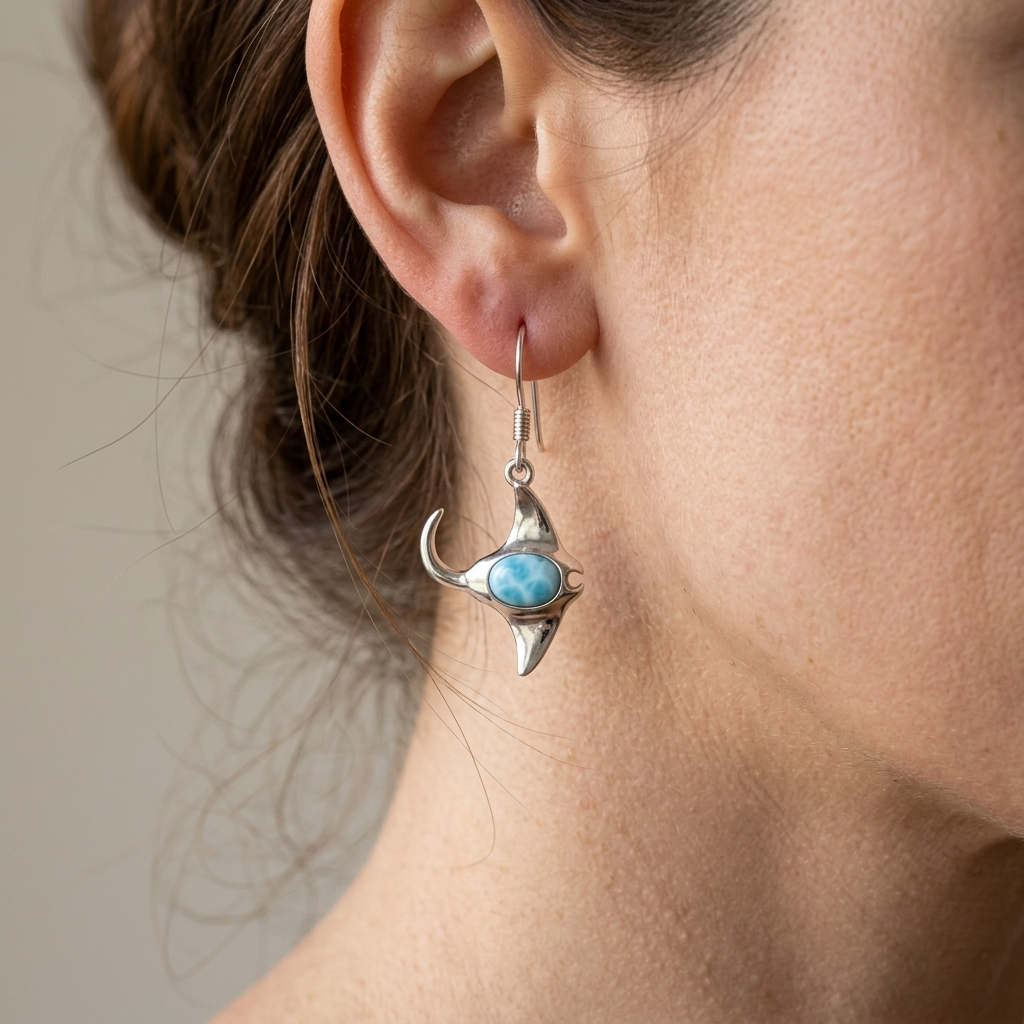 Hawaiian Ocean Manta Ray Larimar Stone Dangle Earrings - 925 Sterling Silver