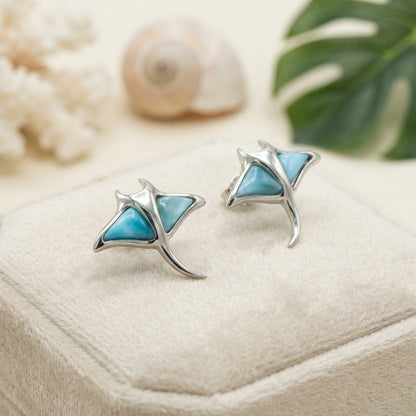 Hawaiian Manta Ray Larimar Stone Stud Earrings - 925 Sterling Silver
