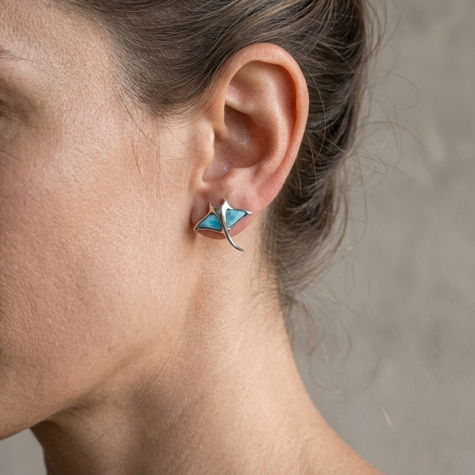 Hawaiian Ocean Manta Ray Larimar Stone Stud Earrings - 925 Sterling Silver