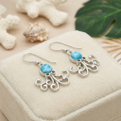 Hawaiian Octopus Larimar Stone Dangle Earrings - 925 Sterling Silver