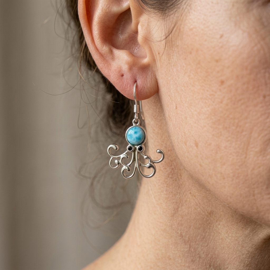 Hawaiian Ocean Octopus Larimar Stone Dangle Earrings - 925 Sterling Silver