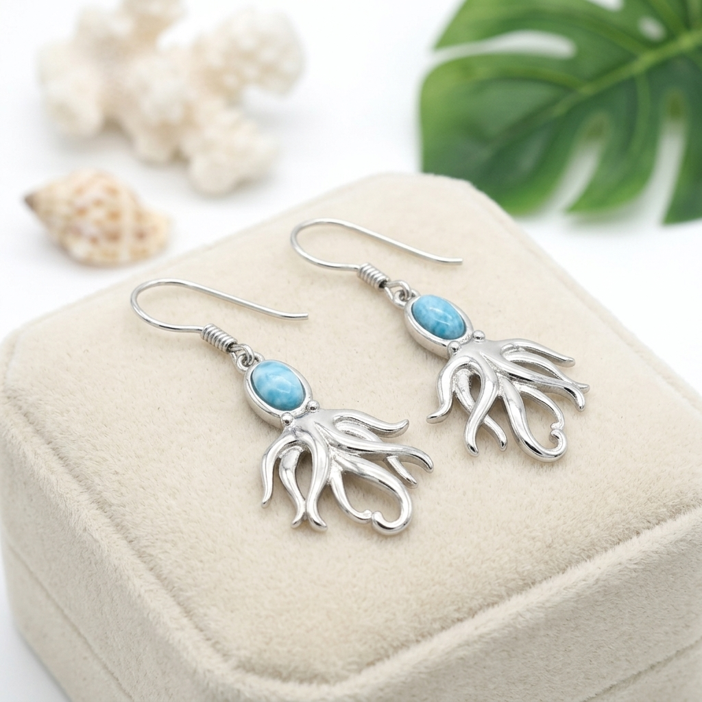 Hawaiian Ocean Octopus Larimar Stone Dangle Earrings - 925 Sterling Silver